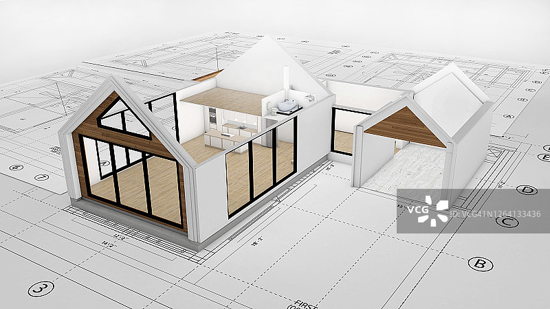 一个漂亮的两层房子的3D渲染蓝图图片素材