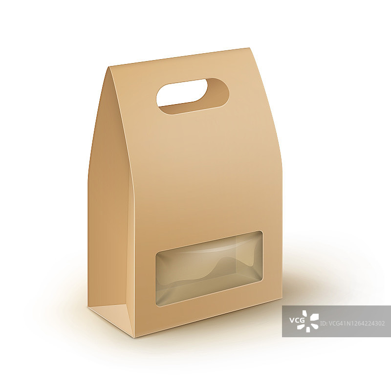 矢量棕色空白纸板矩形带走处理午餐盒包装的三明治，食物，礼物，其他产品与塑料窗户模拟近距离隔离在白色背景图片素材