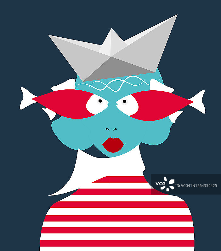 一名妇女穿着水手的插图，她的头上顶着一只纸船，眼睛以鱼的形式出现，对水手的隐喻概念图片素材