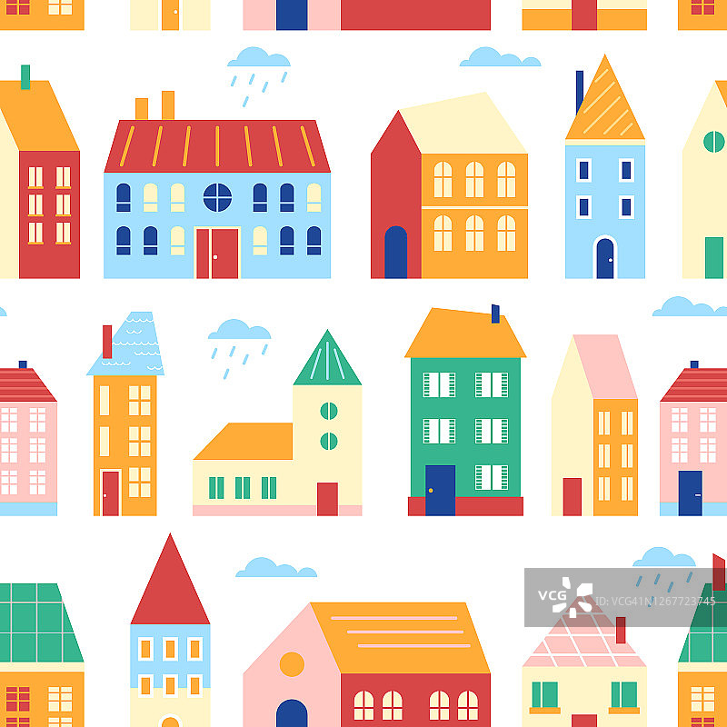 房屋无缝图案矢量插图，卡通平面可爱的城市城市景观与色彩缤纷的建筑，复古的传统联排别墅图片素材