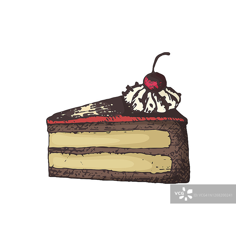 矢量插图一块蛋糕与樱桃手绘在颜色。咖啡和茶的甜品设计，咖啡厅和糕点店，烹饪和烘焙图片素材