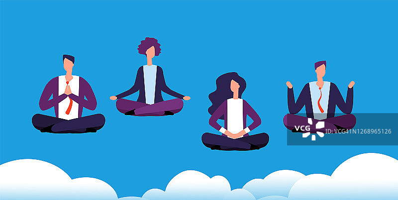 冥想瑜伽。商务团队放松和冥想在莲花的姿势。办公室职员避免压力。向量的概念图片素材