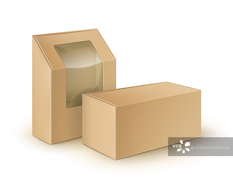 向量组棕色空白纸板矩形带走盒子包装的三明治，食物，礼物，其他产品与塑料窗户模拟近距离隔离在白色背景图片素材