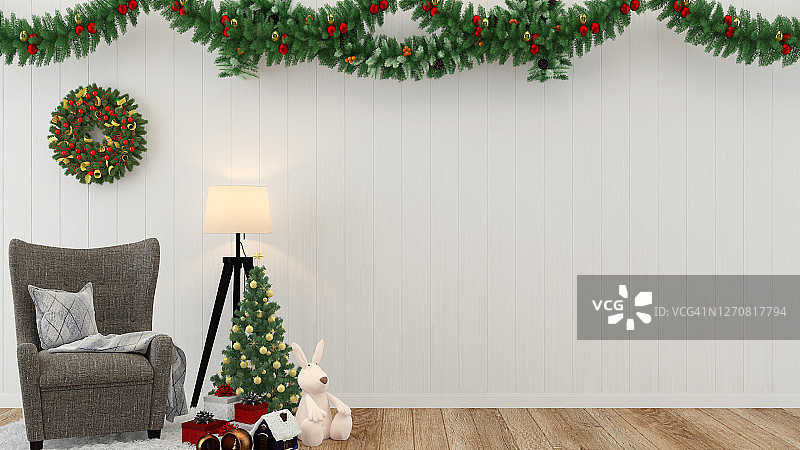 室内客厅与圣诞树装饰3d渲染图片素材