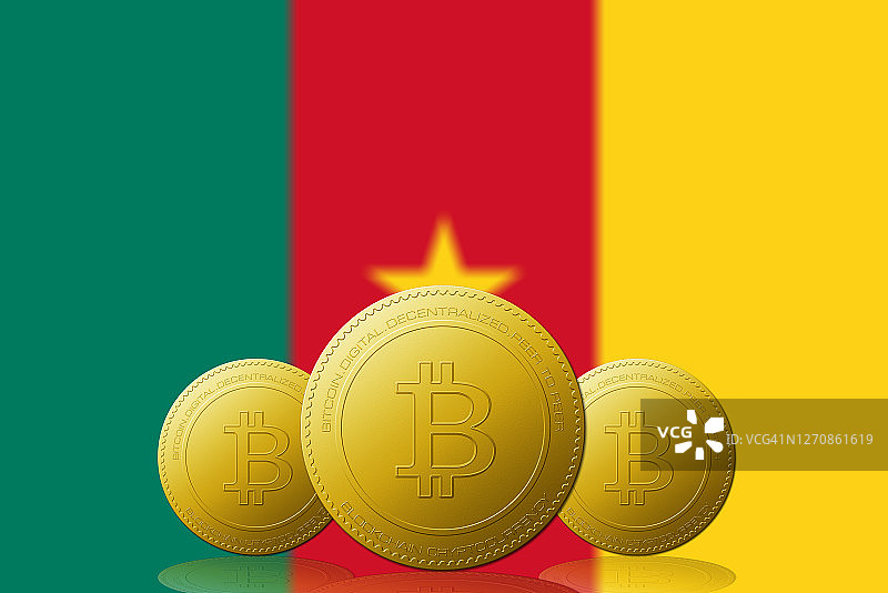 三种比特币加密货币，背景是喀麦隆国旗。图片素材
