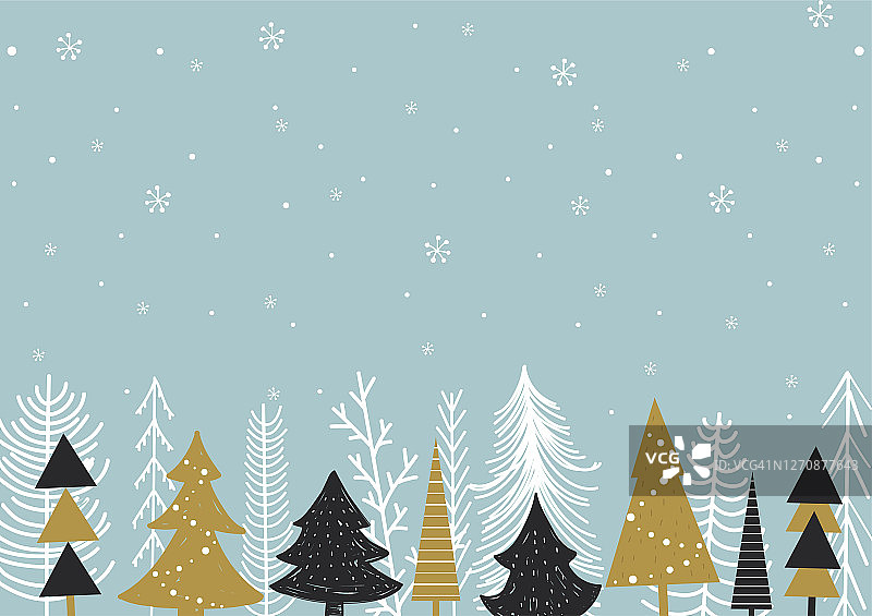 圣诞节冬季背景。卡通圣诞树与雪花在浅蓝色的背景。卡通风格。矢量插图。图片素材