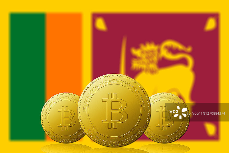 三种比特币加密货币，背景是斯里兰卡国旗。图片素材