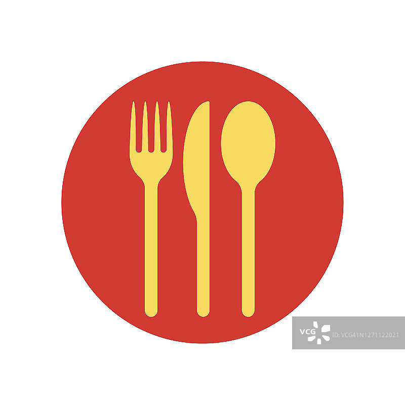 叉、刀、勺图标logo。简单的平面形状的餐厅或咖啡馆的标志。厨房和餐厅菜单符号。矢量插图图像。黑色剪影孤立在白色背景上。图片素材