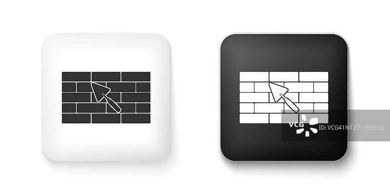 黑白砖墙与泥铲图标隔离在白色背景。方形按钮。向量图片素材