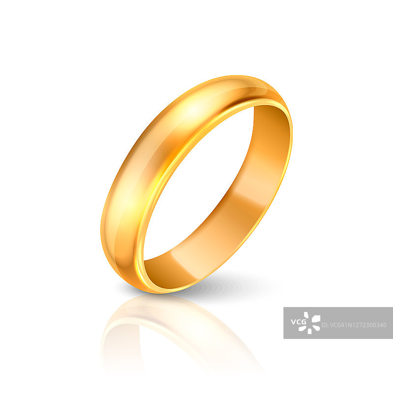 矢量3d现实金金属婚戒图标与反射特写孤立在白色背景。闪亮的金戒指的设计模板，剪贴画，模型。前面,侧面图片素材