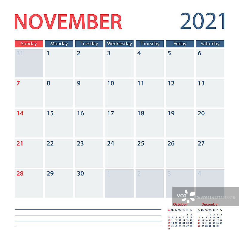 2021年11月日历规划师矢量模板。一周从周日开始图片素材