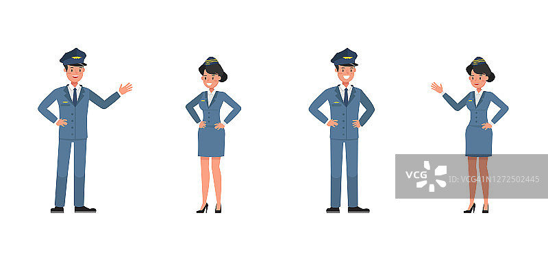 乘务员和空姐角色矢量设计。在各种动作中的表现。图片素材
