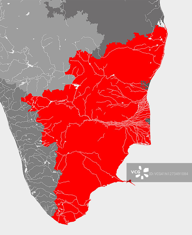 泰米尔纳德邦地图与湖泊和河流。图片素材