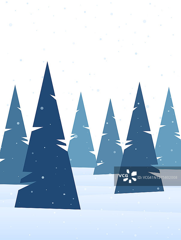 向量圣诞冬季背景与雪山松林景观。图片素材