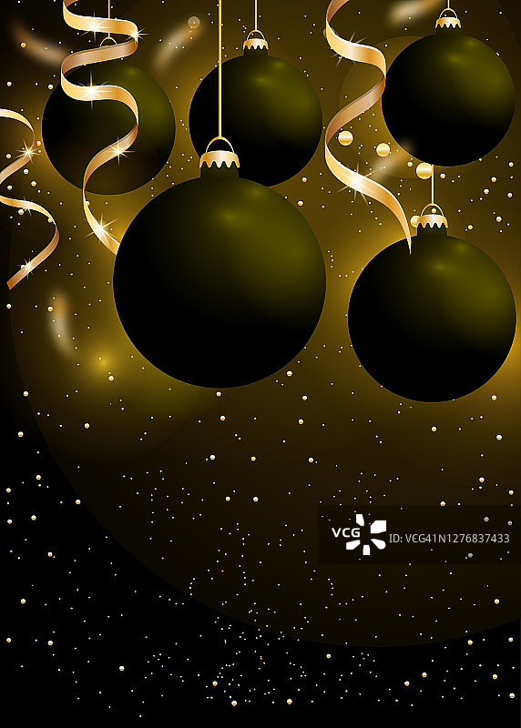 圣诞和新年背景与黑色的球和金色的丝带在黑色的背景。发光悬挂圣诞装饰品。寒假装饰。副本的空间。向量图片素材