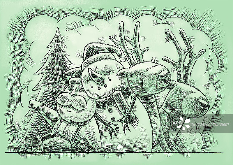 圣诞老人和雪人、驯鹿聚集在一起图片素材