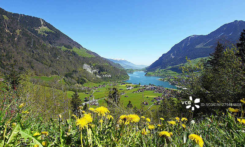 瑞士山湖全景图片素材