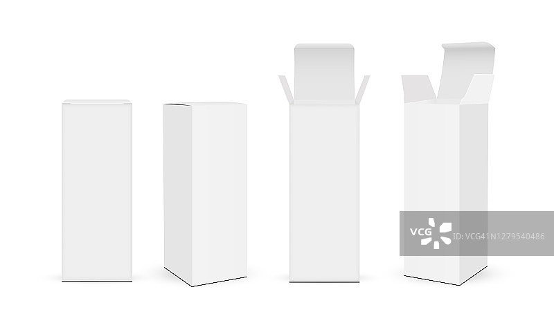 一套高纸矩形包装盒模型打开和关闭的盖子，孤立在白色背景图片素材