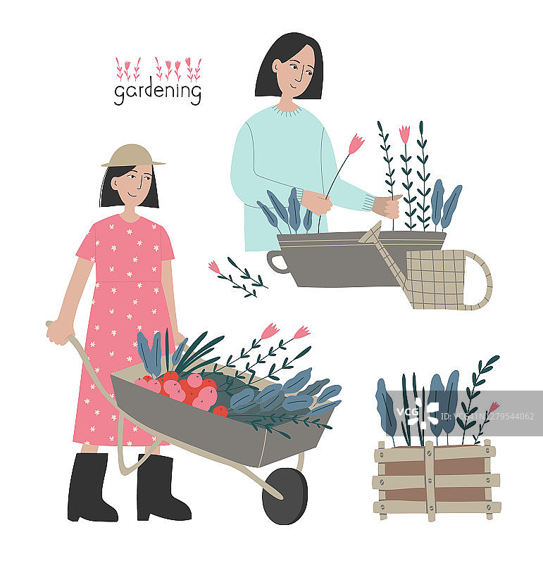 矢量插图的一个女孩与独轮车和一个女孩种植彩色的花。花园集合。图片素材