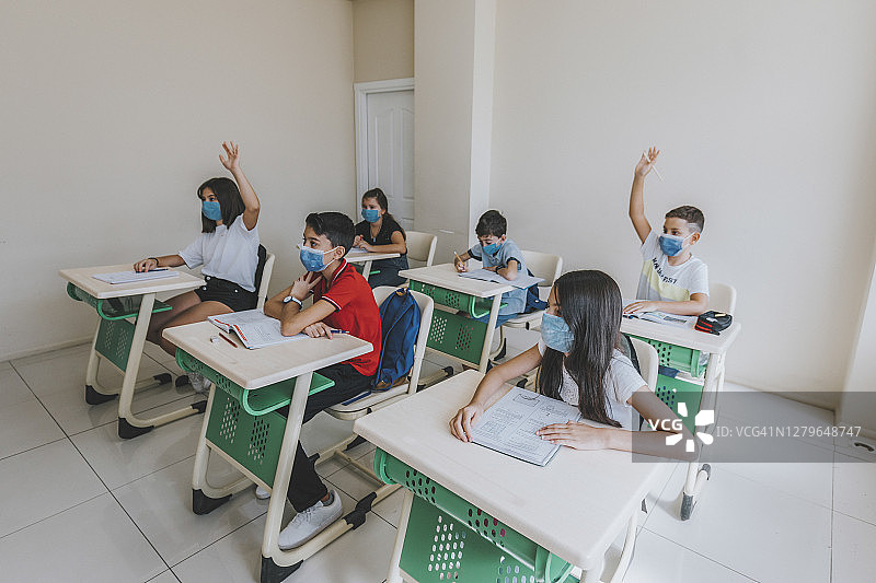 新冠肺炎大流行隔离和封锁后，戴口罩的儿童返回学校。图片素材