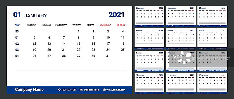 2021日历与周数字。一周从星期一开始。极简主义风格的计划日记。设计模板。图片素材