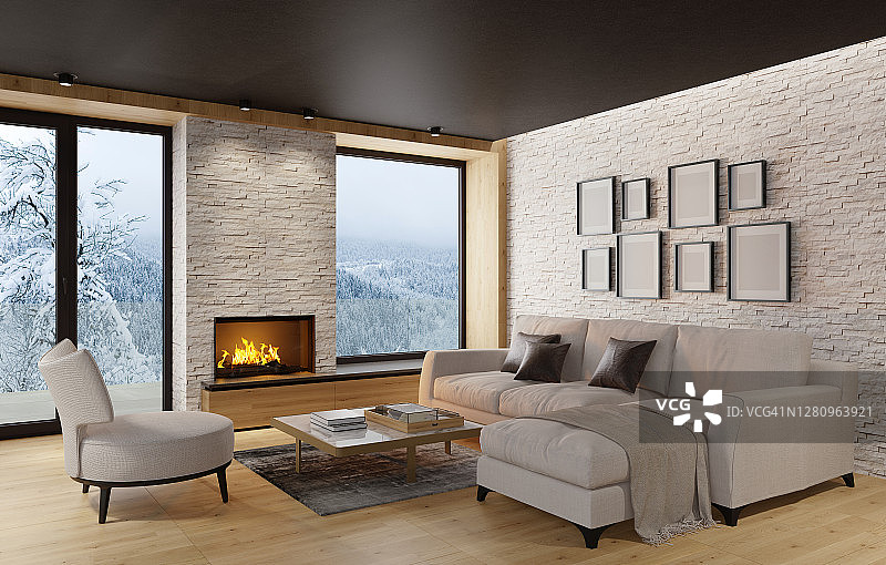 现代斯堪的那维亚风格的乡村别墅轻极简主义室内与壁炉和白色石板岩墙图片素材