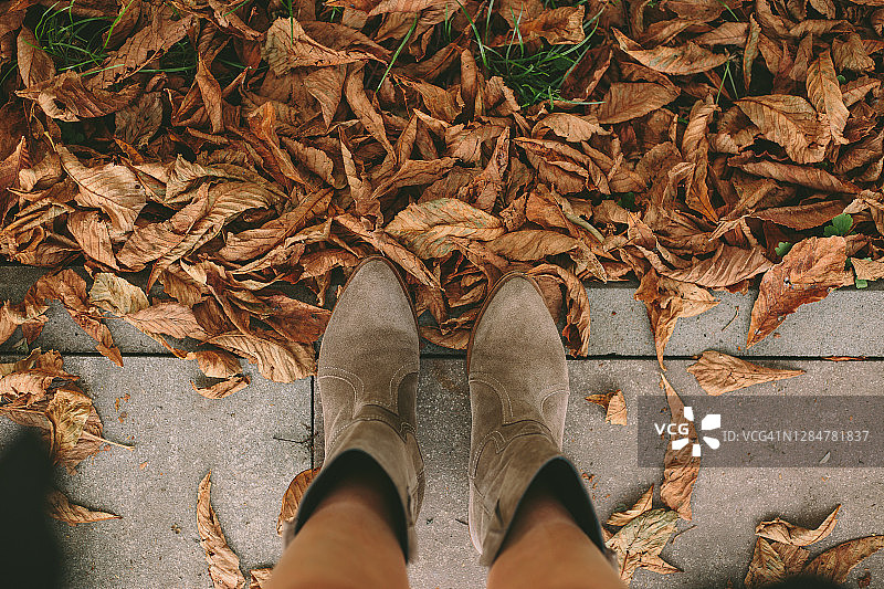 概念形象的靴子在秋天的叶子。图片素材