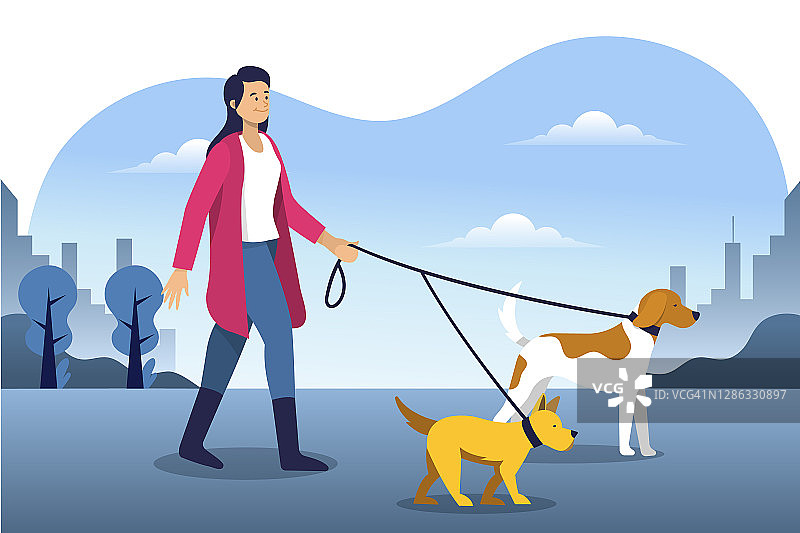 女人在公园散步与她的狗矢量插图图片素材