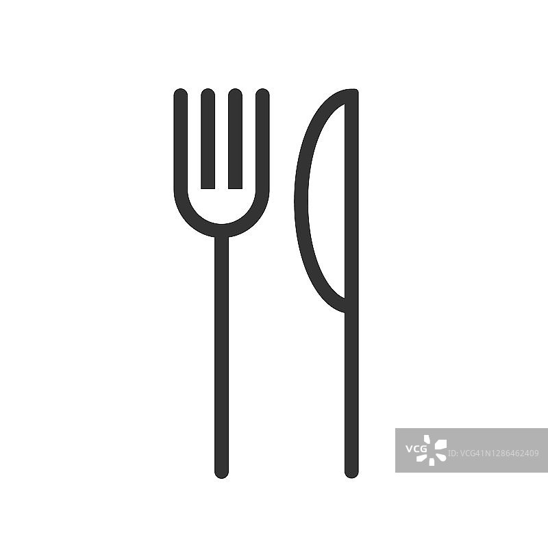 叉子和刀的图标标志。简单的平面形状的餐馆或咖啡馆的地方标志。厨房和餐厅菜单符号。矢量插图形象。白色背景上孤立的黑色剪影。图片素材