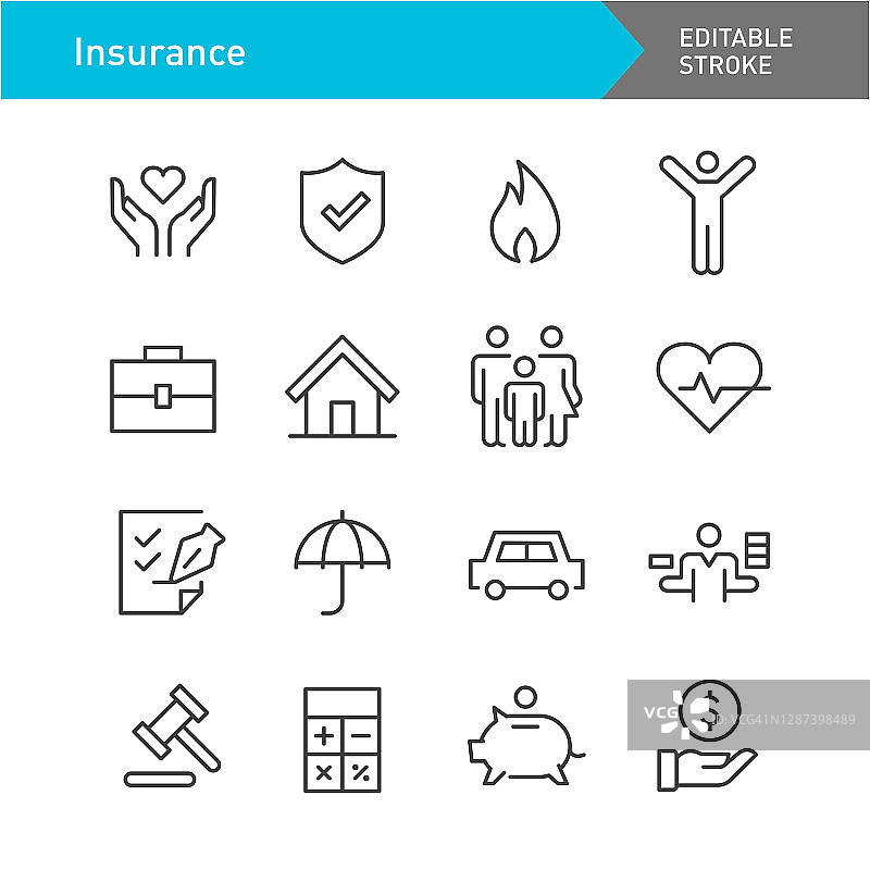 保险图标-线系列-可编辑的描边图片素材
