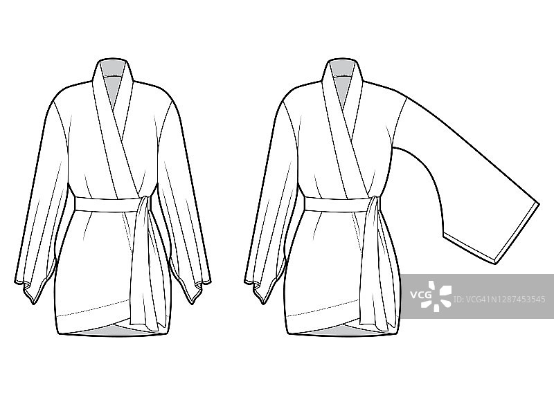 一套技术时尚的和服长袍配有长宽袖，腰带束腰，长度在膝盖以上图片素材