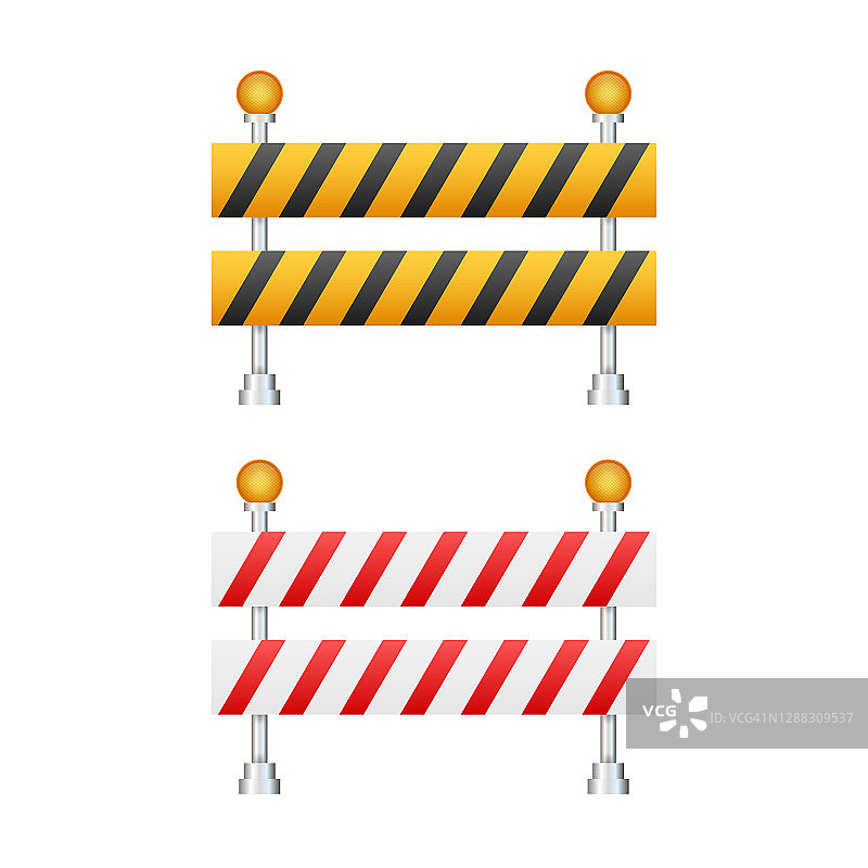 在建的障碍。道路在白色背景下关闭。建筑栅栏或修理工程标志。矢量插图。图片素材