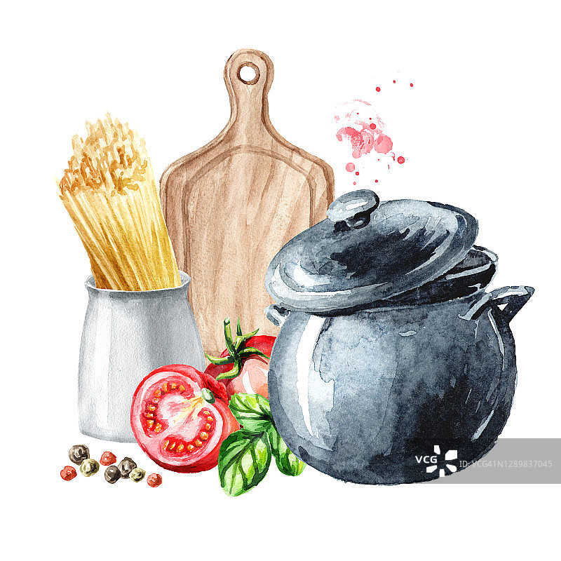 Cookig概念。平底锅，切菜板，意大利面，蔬菜和香料。水彩手绘插图，孤立的白色背景图片素材