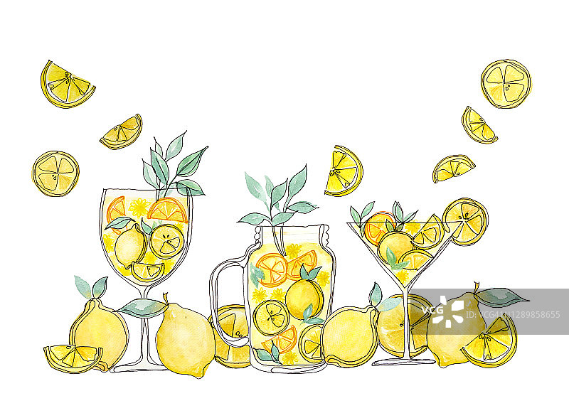 玻璃杯里的黄色橙汁，圆形水果和半切的绿叶，插图水彩手绘，在白色的背景上与剪切路径隔离图片素材