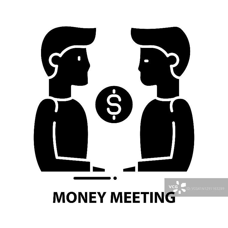 金钱会议图标，黑色矢量符号与可编辑的笔触，概念插图图片素材