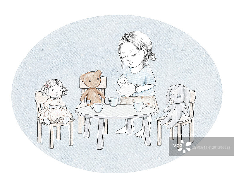 水彩素描小女孩，熊，娃娃，兔子，盘子和家具在椭圆形的蓝色背景图片素材