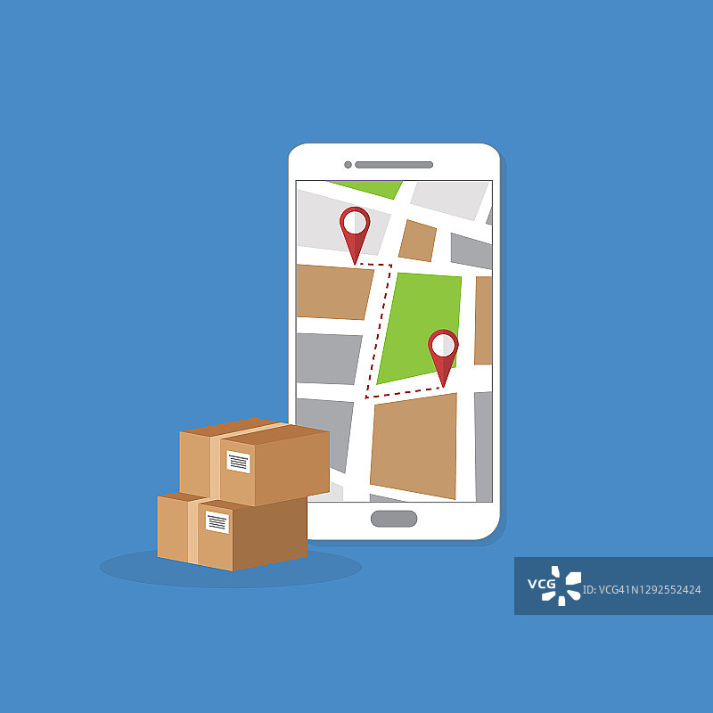 通过手机或移动电话跟踪包裹递送。智能手机与城市地图在屏幕上和大头针指针目的地位置与包装盒，运输物流。图片素材