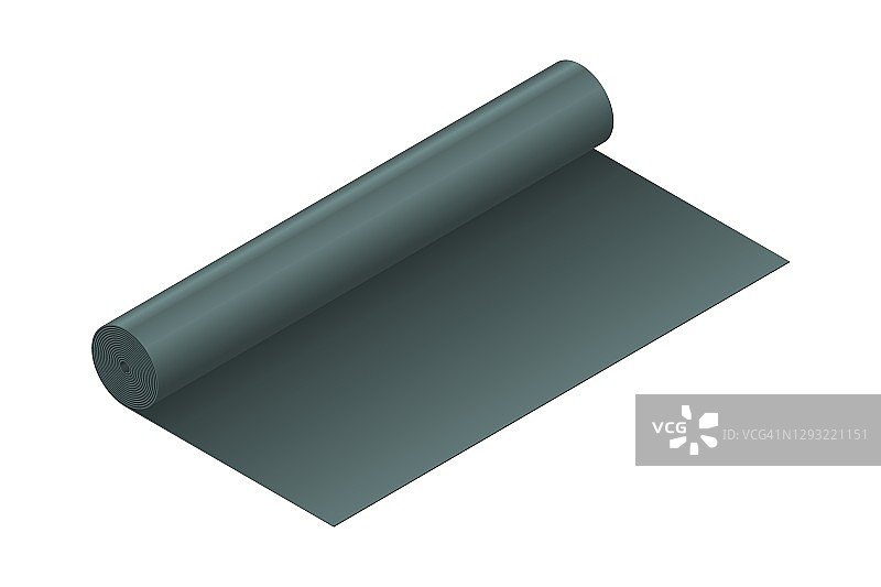 矢量插图橡胶屋面膜，三元乙丙橡胶或屋面毡隔离在白色背景上。卷黑色屋顶涂料或沥青等距矢量图标。焦油纸图标在平面风格。3 d。图片素材