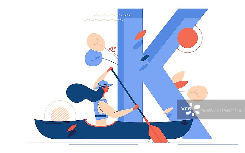 皮划艇概念插图与妇女在皮划艇和大字母K的背景。矢量场景，适合水上运动学校和俱乐部孤立的白色图片素材