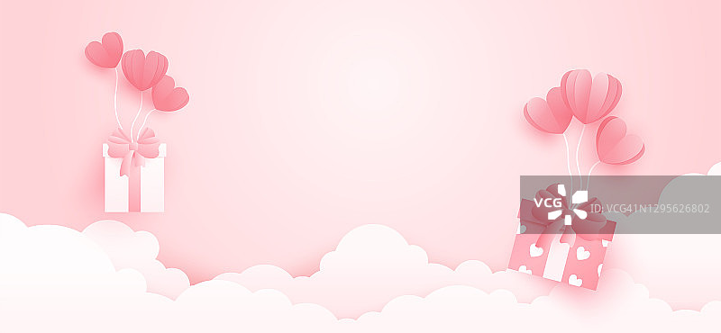 3D折纸心热空气飞行与礼品盒云朵背景。母亲节，情人节，生日快乐。矢量纸艺术插图。图片素材