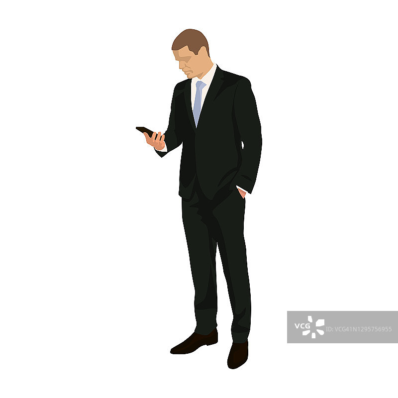 商人站起来，手里拿着手机。穿着西装拿着手机的人，矢量图图片素材