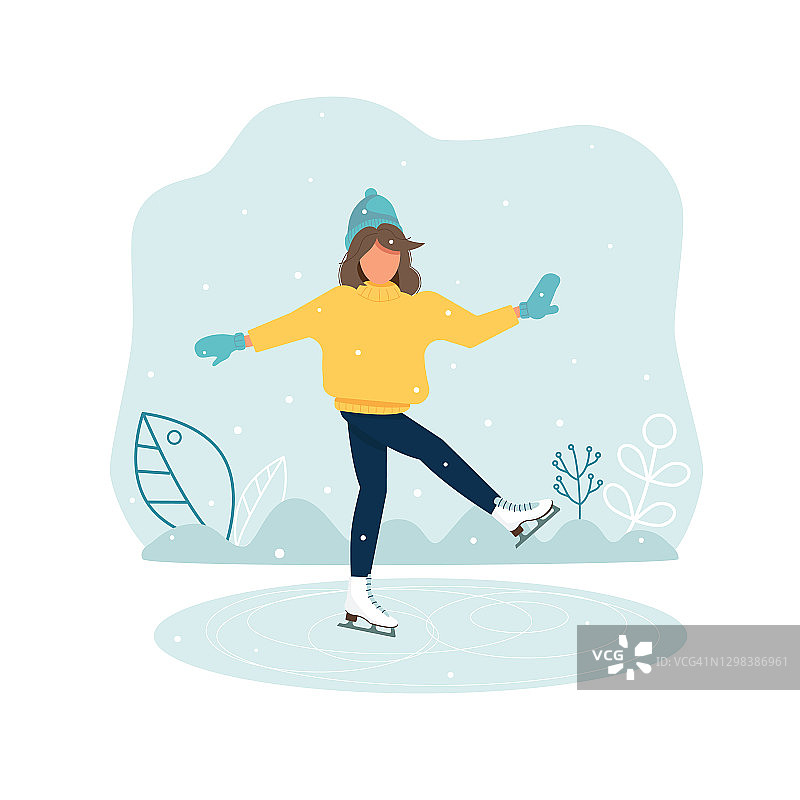 年轻的女孩穿着明黄色的毛衣在冬天溜冰图片素材