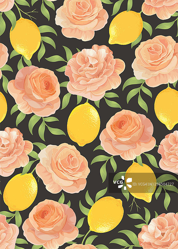 无缝模式的柠檬水果与橙色玫瑰花在黑暗的背景模板。向量集柠檬元素为广告，柠檬茶产品包装设计和时尚设计。图片素材