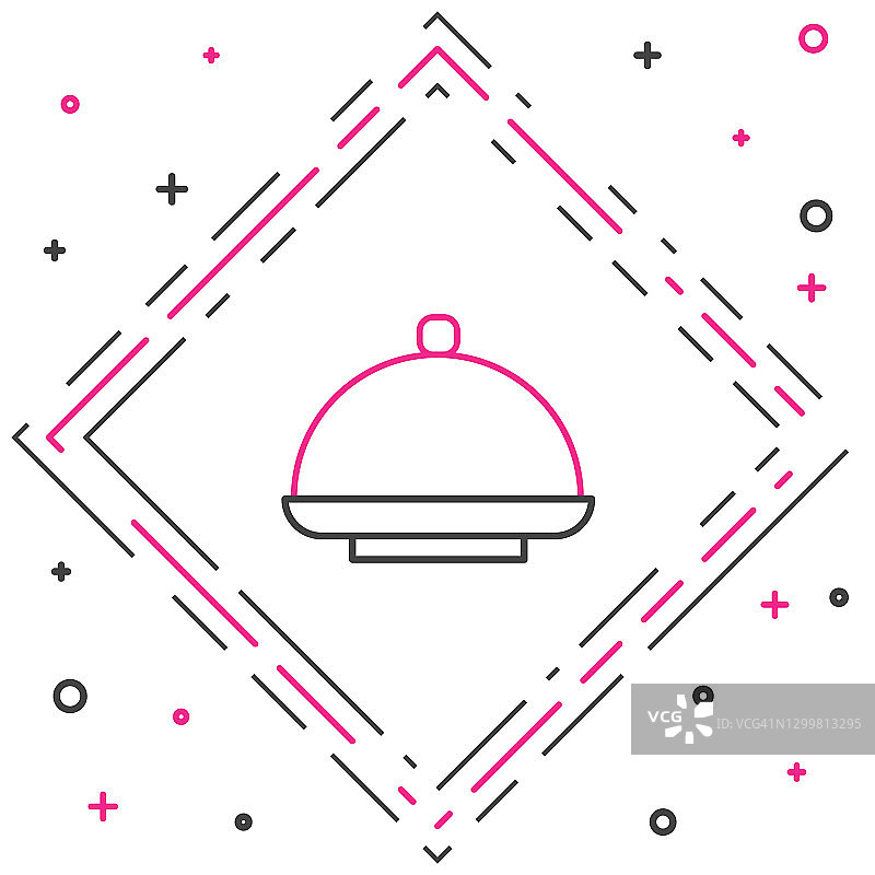 线覆盖了一个托盘的食物图标孤立在白色的背景。托盘和盖子标志。带有盖子的餐厅钟摆。色彩斑斓的轮廓的概念。向量图片素材