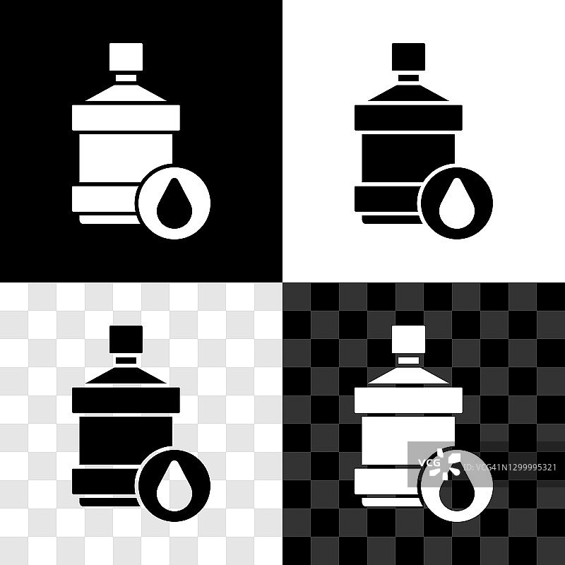 设置大瓶子与清洁水图标隔离在黑色和白色，透明的背景。冷却器的塑料容器。向量图片素材