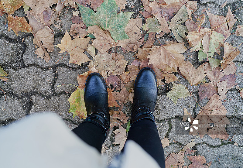 女鞋踩在秋天的枯叶上。图片素材