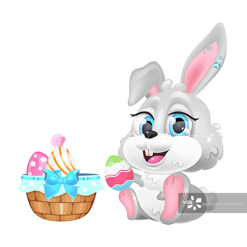 可爱的复活节兔子与鸡蛋篮卡哇伊卡通矢量人物。可爱有趣的动物春假蛋狩猎象征孤立贴纸、补丁。白色背景上的卡通兔宝宝表情符号图片素材