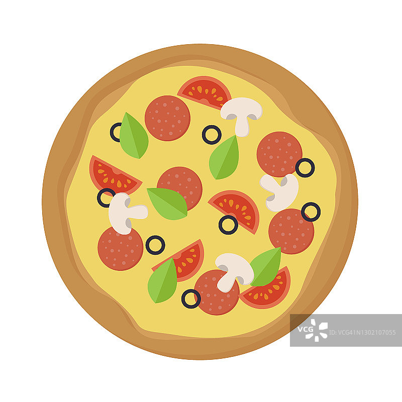 新鲜披萨配番茄，芝士，橄榄，香肠，蘑菇和罗勒。俯视图的传统意大利快餐。图片素材