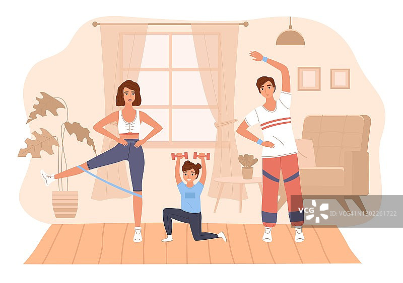 家里的运动。快乐的父母和女儿在房间里训练。卡通人物在做运动。女孩和爸爸妈妈一起健身。矢量积极健康的生活方式概念图片素材