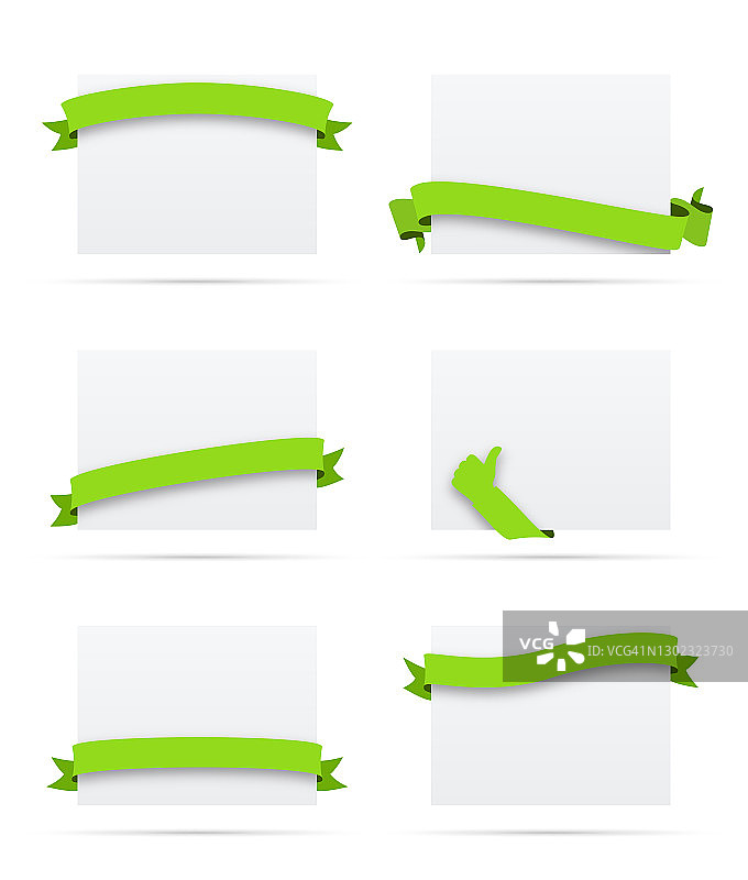一套绿色丝带上的空白白色标签-设计元素图片素材